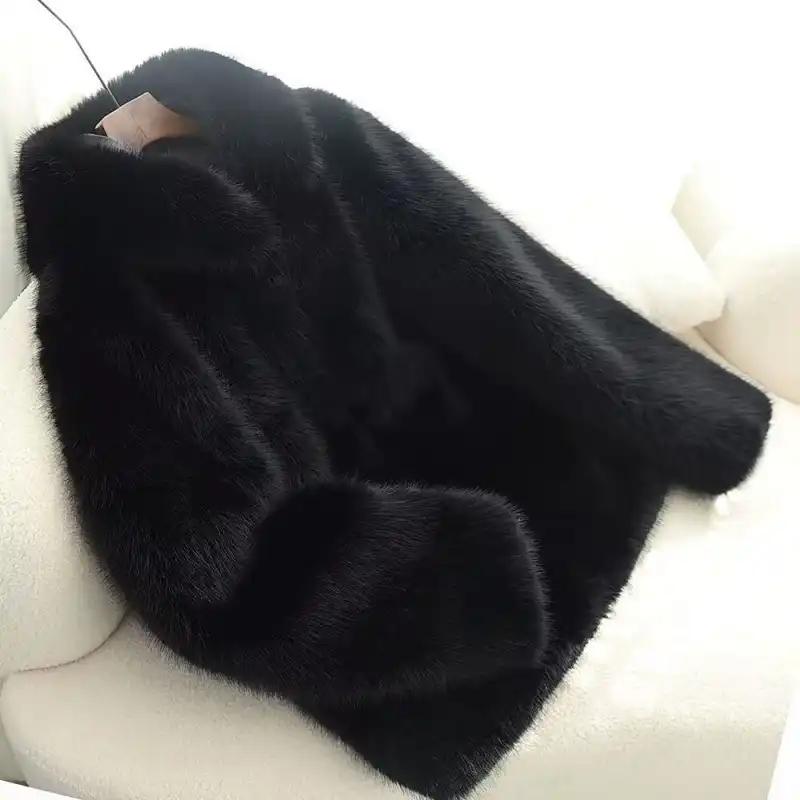 Mens Dark Gray Faux Fox Fur Lapel Collar Long Winter Coat M чёрный