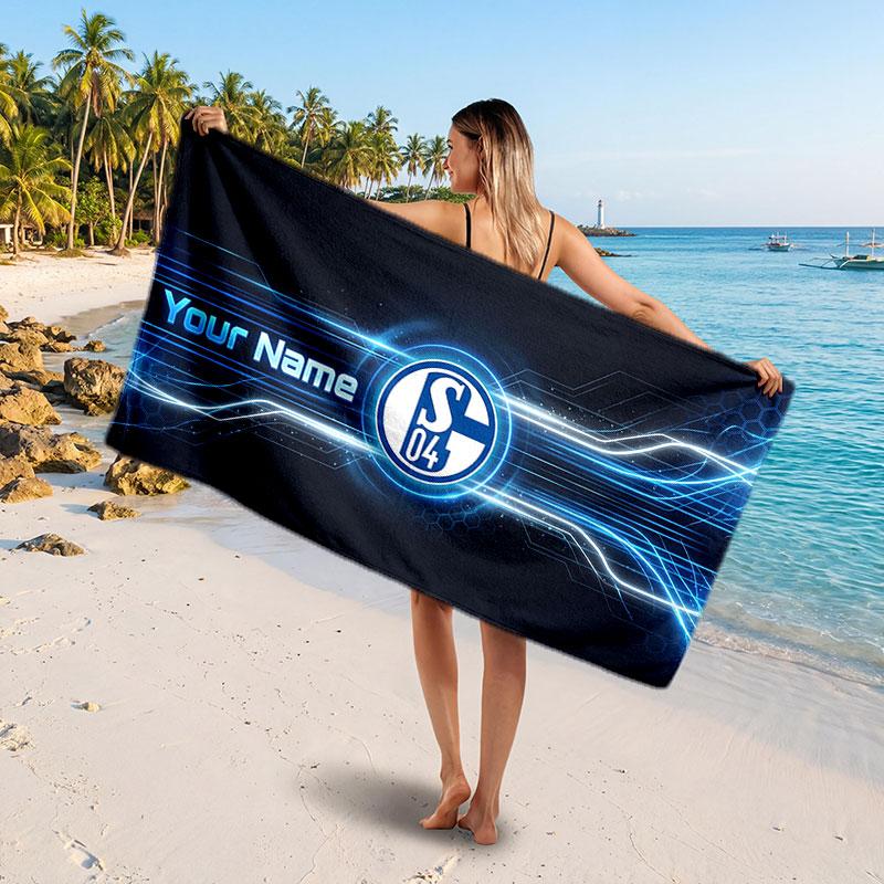 Schalke 04 FC Custom Beach Towel, Personalized Name Text Print, Football Logo Soft Quick‑Dry Towel Holiday Gift