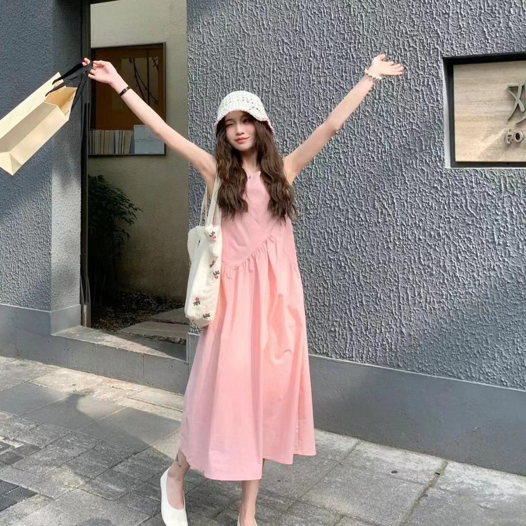 Summer new French temperament design sense sleeveless age-reducing splicing vest pink long dress small dress women