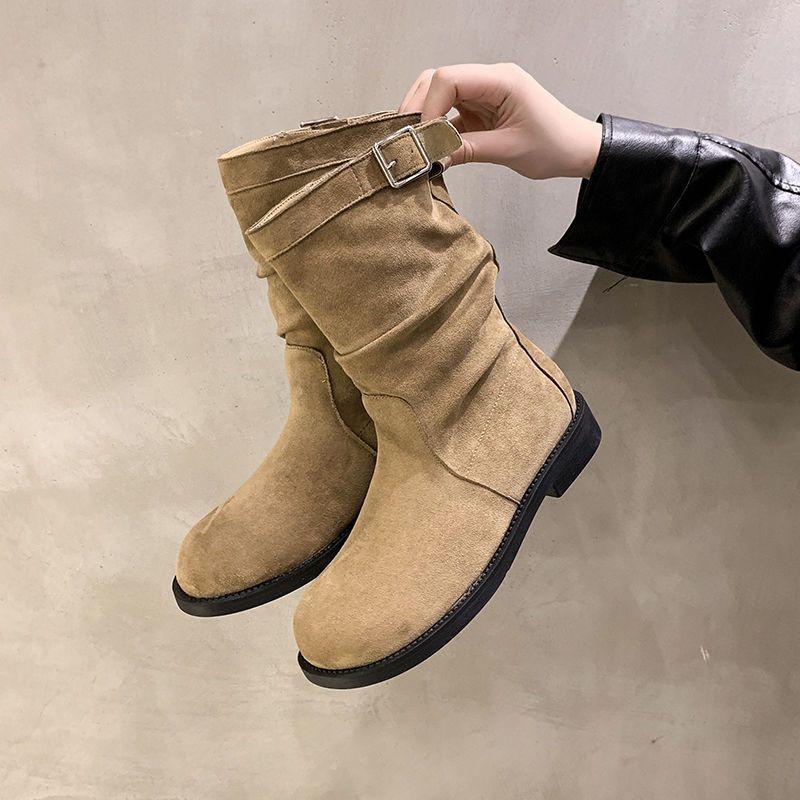 Pleated flat-bottomed stacked boots short boots women's spring and autumn single boots 2025 new autumn and winter Martin boots women's