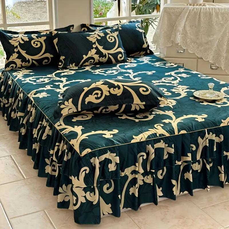 Letní Nový Zelený Květinový Vzor Retro Styl Sada Postelové Sukně 3ks Pohodlné Ložní Prádlo Luxusní Princeznovské Sukně Protiskluzová Postelová Sukně 1ks+1ks Povlaky na Polštáře