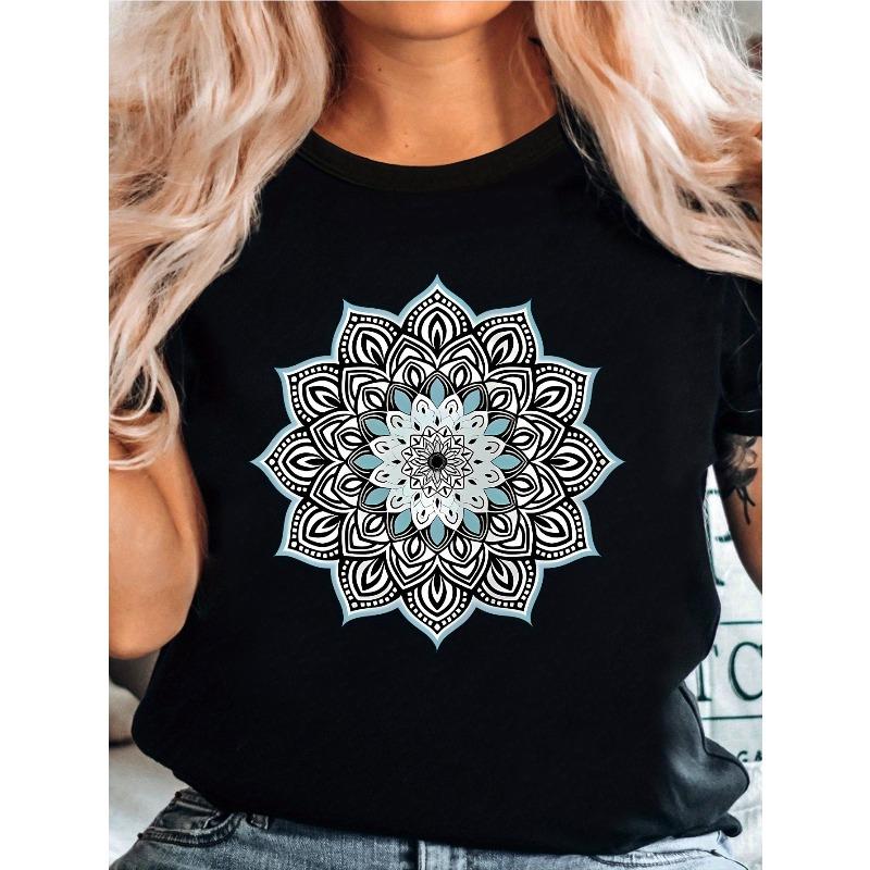 Womens Floral Mandala Print Tee White Turquoise Black Bohemian Chic Crew Neck Short Sleeve Breathable Relaxed Fit Machine Washable