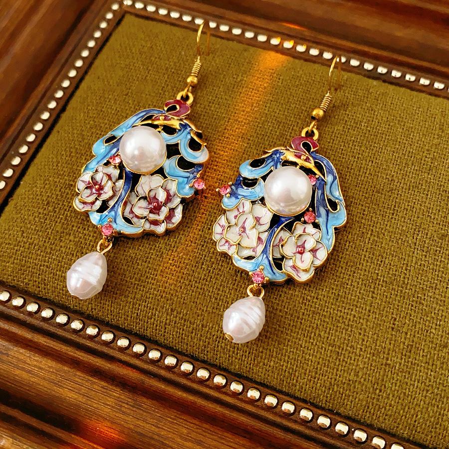 Dripping Oil Flower Dangle Earrings Vintage Ethnic New Chinese Style Imitation Pearl Pendant Earrings Women's Ear Hooks K1