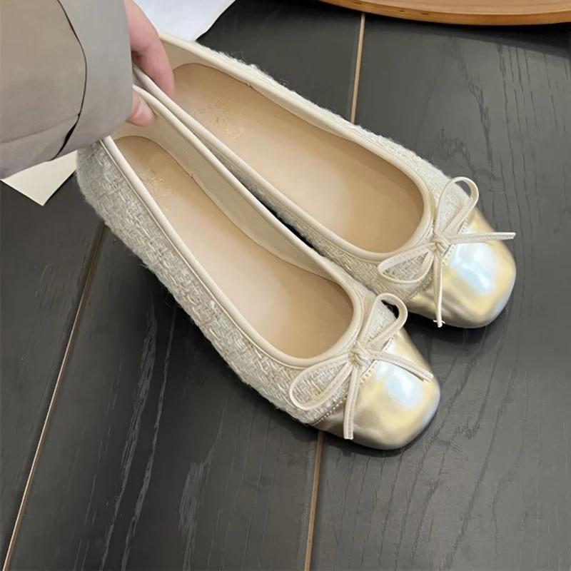 Fashion Patchwork Bowknot Flats Women Square Toe Soft Sole Single Shoes Woman Non Slip Ballet Flat Shoes