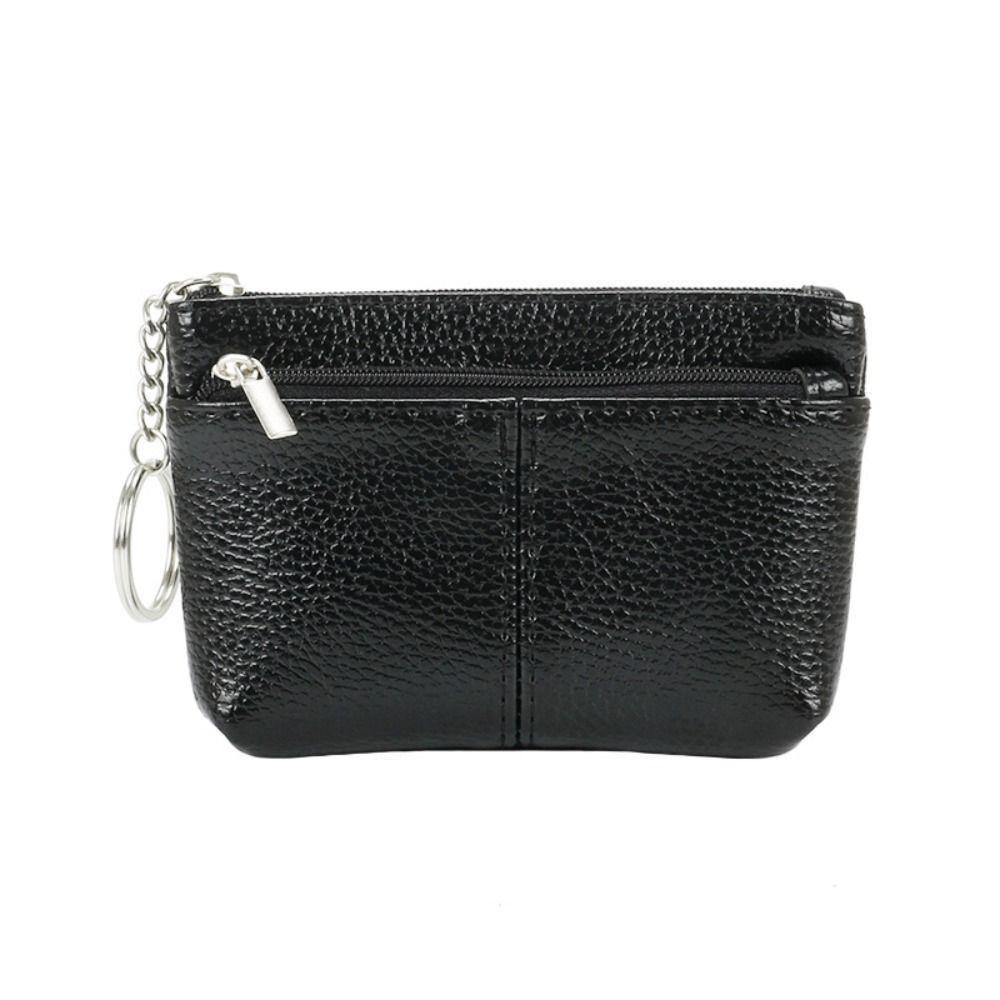 Portable PU Leather Coin Purse Mini Zipper Leather Purses with Keychain Solid Color ID Credit Card Holder
