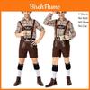 Stylish German Oktoberfest Clothing Men Fawn Print Khaki Plaid Costume Set