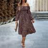 Women's Autumn Winter Elegant Square Neck Puff Sleeve High Waist Floral Long Printed Dress