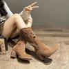 Fashion Hollow Embroidered Vintage Western Boots Women 2025 Autumn Chunky Heels Knee High Cowboy Boots Woman Pu Leather Knight Booties