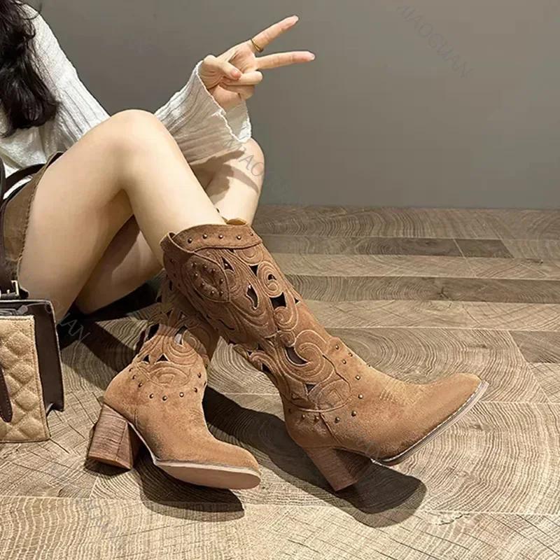 Fashion Hollow Embroidered Vintage Western Boots Women 2025 Autumn Chunky Heels Knee High Cowboy Boots Woman Pu Leather Knight Booties