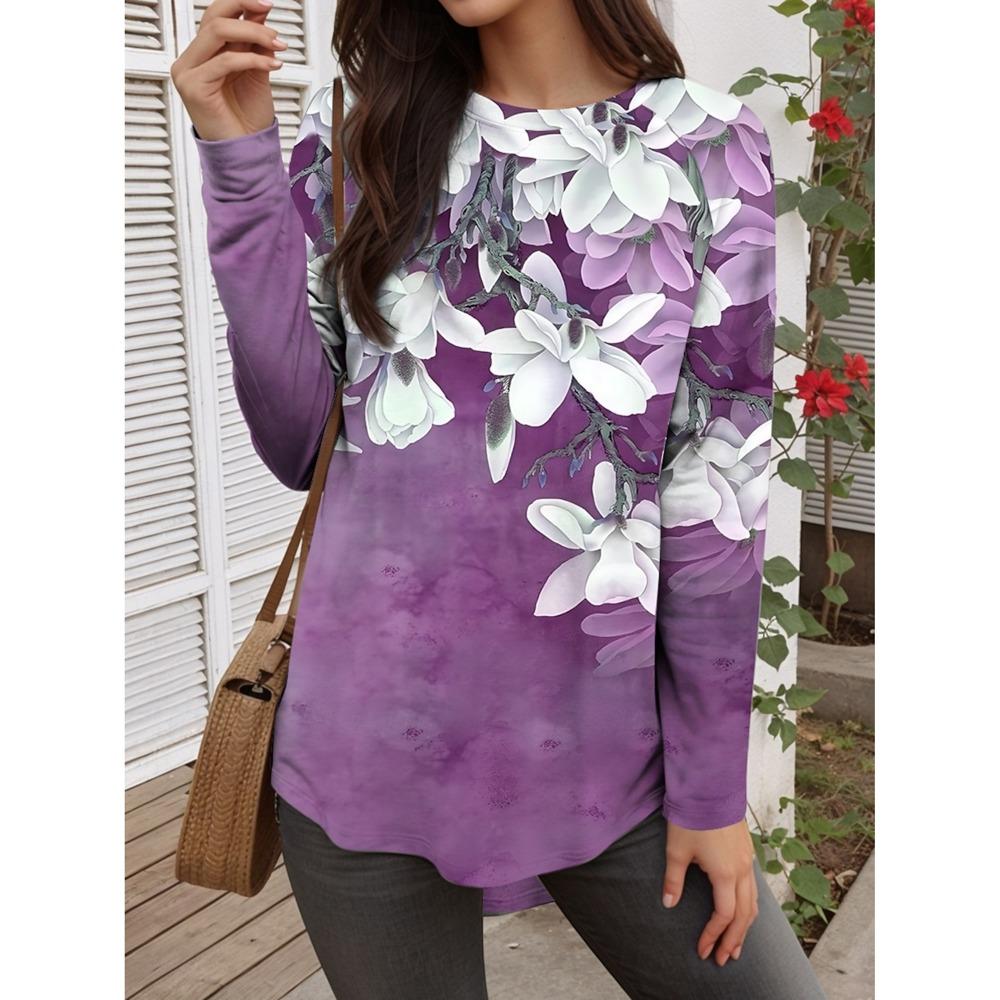 Summer Women's T Shirt Floral Graphic Plants Stylish Casual Long Sleeve T-shirts Round Neck Regular Tops Flower Printed Pullover