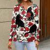 Women's Casual Long Sleeve V-Neck T-Shirt with Halloween Print and Decorative Buttons