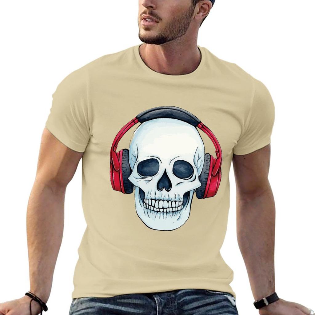 Neues Totenkopf mit Kopfhörern T-Shirt Sweatshirts schwarze T-Shirts niedliche Oberteile Herren Grafik-T-Shirts Hip Hop