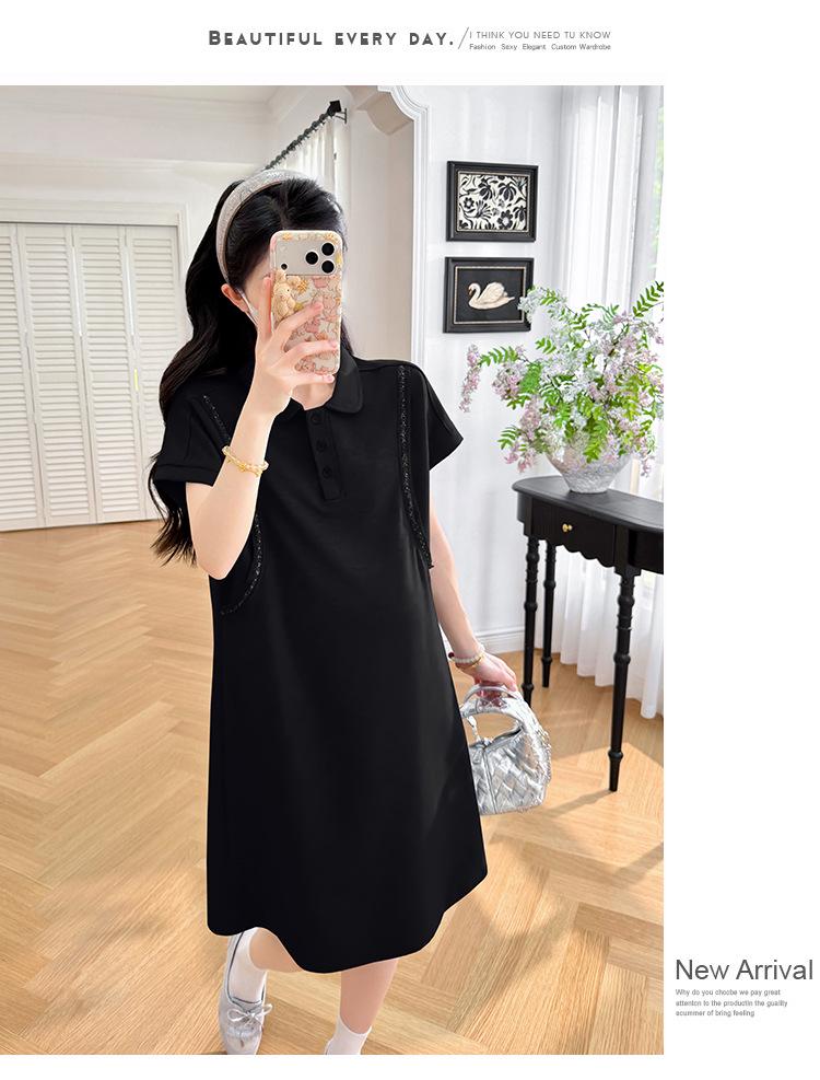Trendy Korean-Style Summer Maternity Dress - Loose, Casual, Slimming Fit with High-End Lapel Design