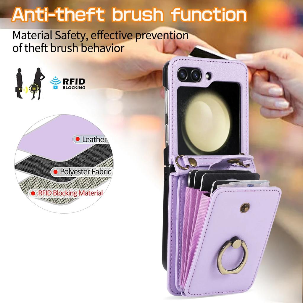 Crossbody Leather Cards Solt Wallet Bag Case For Samsung Galaxy Z Flip 7 6 5 4 5G Flip5 Finger Ring Holder Lanyard Pocket Cover