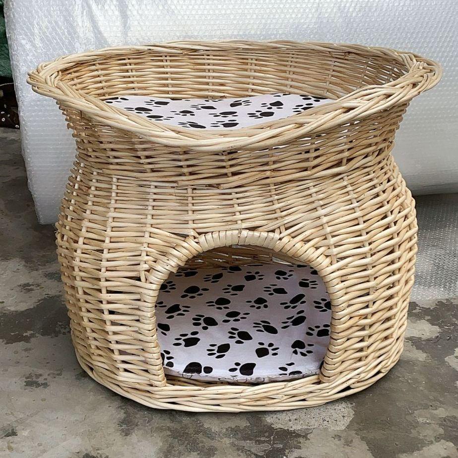 Medium Woven Rattan Pet House: Enclosed, Double-Layer, Washable, All-Season Cooling Mat for Dogs and Cats