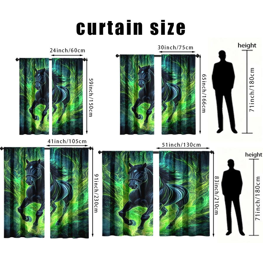 2pcs Enchanted Black Horse & Green Aura Curtains   Perfect for Fantasy/Bohemian Window Decor  Rod Pocket Curtains