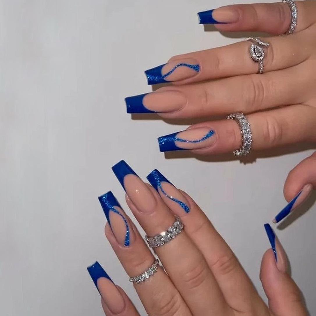 

SG-06 Blue French S Flash False Nail Tips - 24-Piece Wearable Nail Art Set Jelly Glue