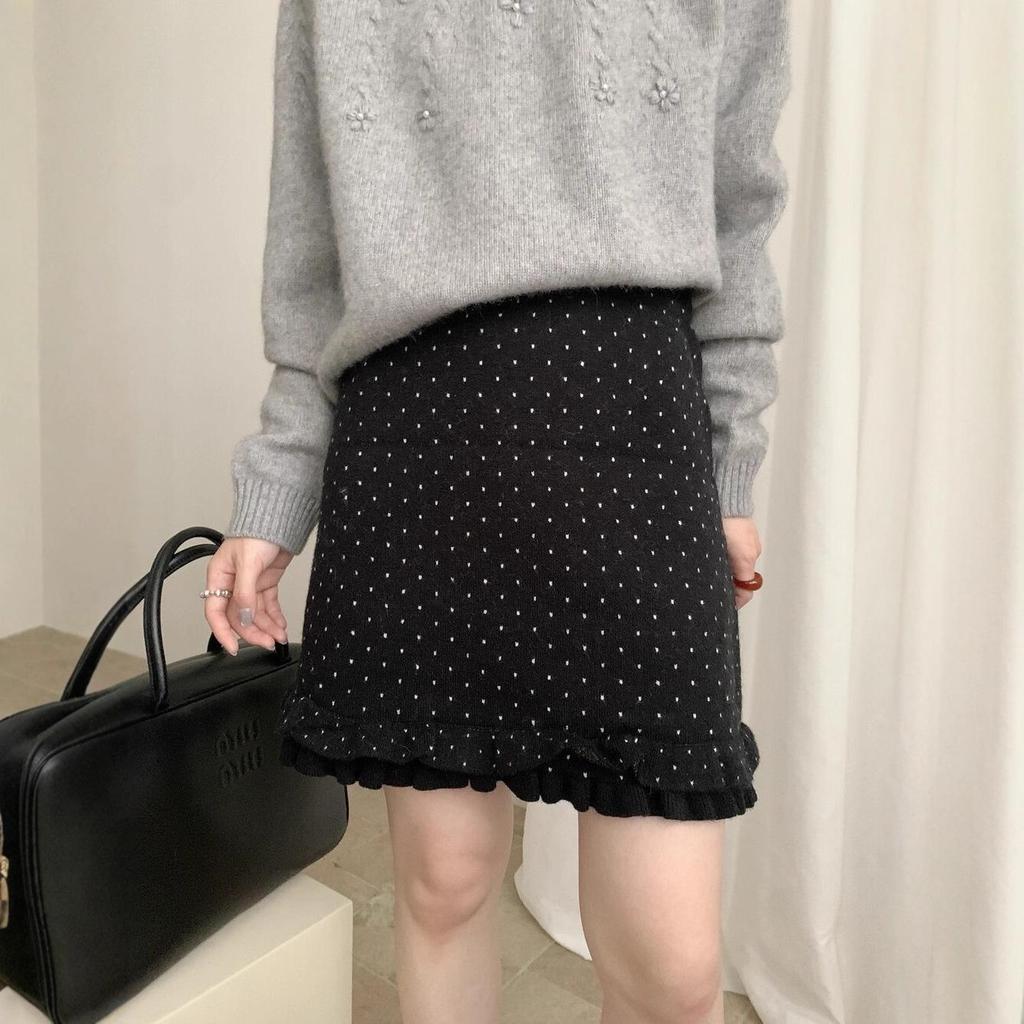 Women's Autumn Elastic Waist Patchwork Polka Dot Knit Skirt - Black Fungus Edge, Korean Style Slim Fit