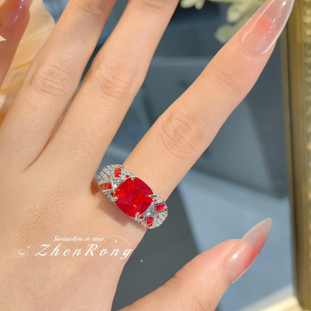 Open Ring Vintage Luxury Square Red Corundum Ring with High Carbon Red Diamond Elegant Unique Women Ring