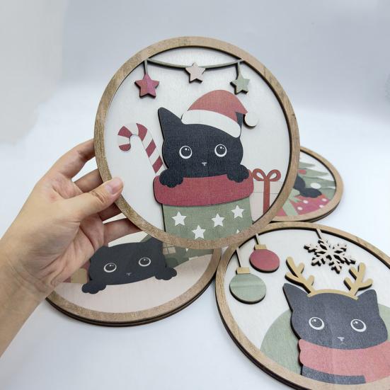 Living Room Decor Christmas Black Cat Wall Decor, Layered Wooden Hanging Sign, Round 2D Art Flat Decoration for Bedroom And Hall Porch Holiday