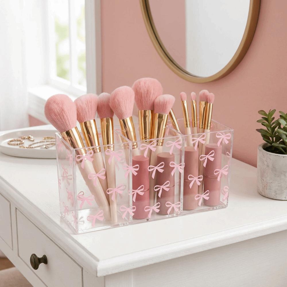 Transparent Makeup Brush Holder 3 Grids Stationery Storage Box Pen Display Case  for Living Room
