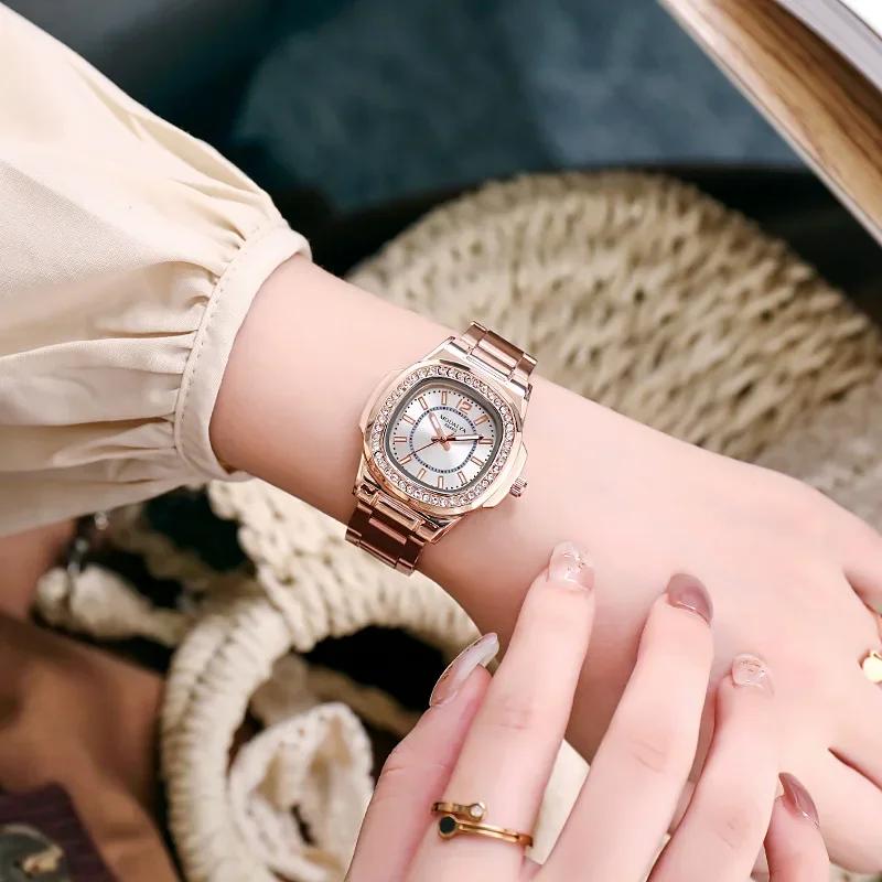 Luxury Ladies Digital Diamond Studded Quartz Watch Fashion  New Rose Gold Stainless Steel Strap Women's Dress Clock Watches