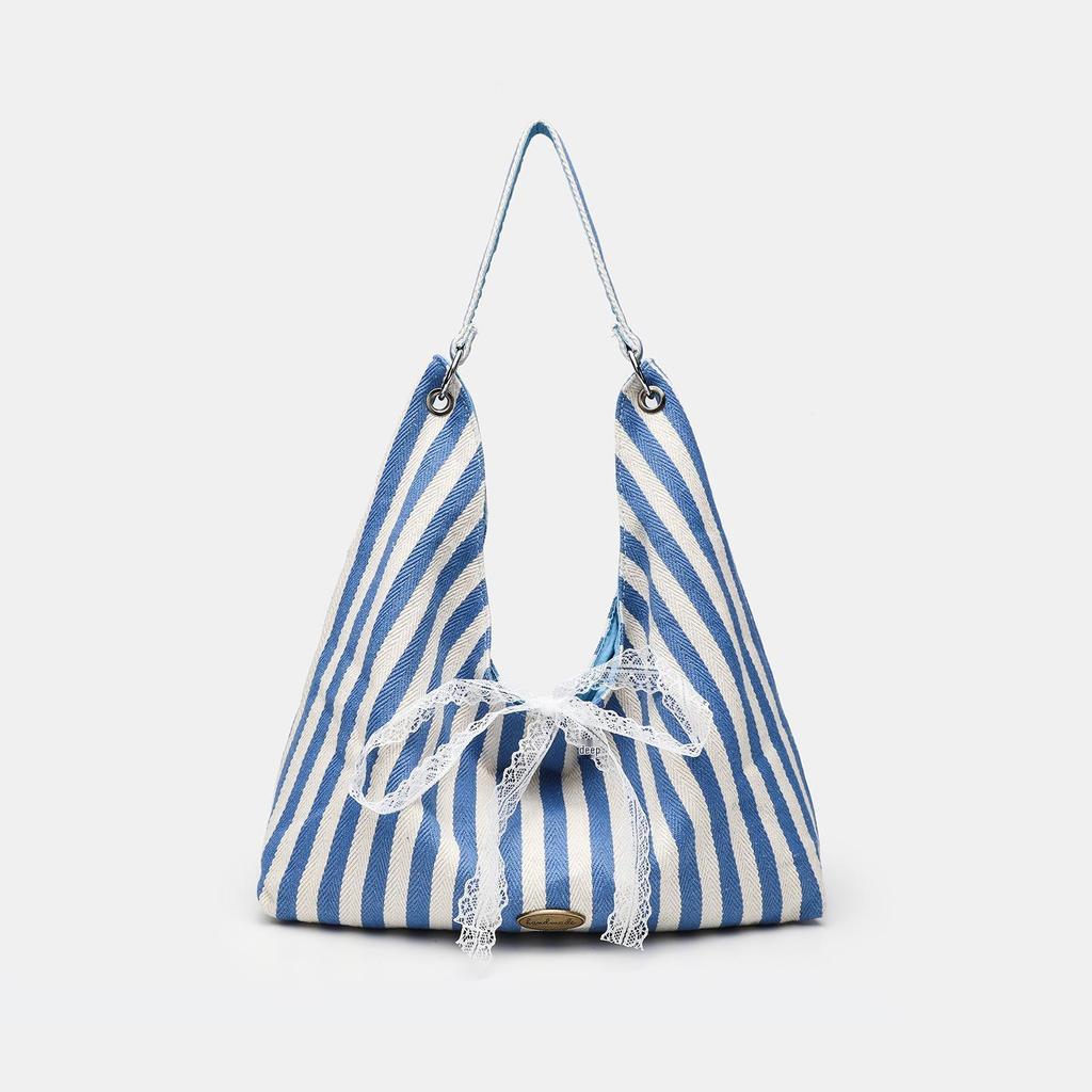 Reversible Striped Canvas Tote Bag - Korean Style, Large Capacity, Fashionable and Versatile for Everyday Use