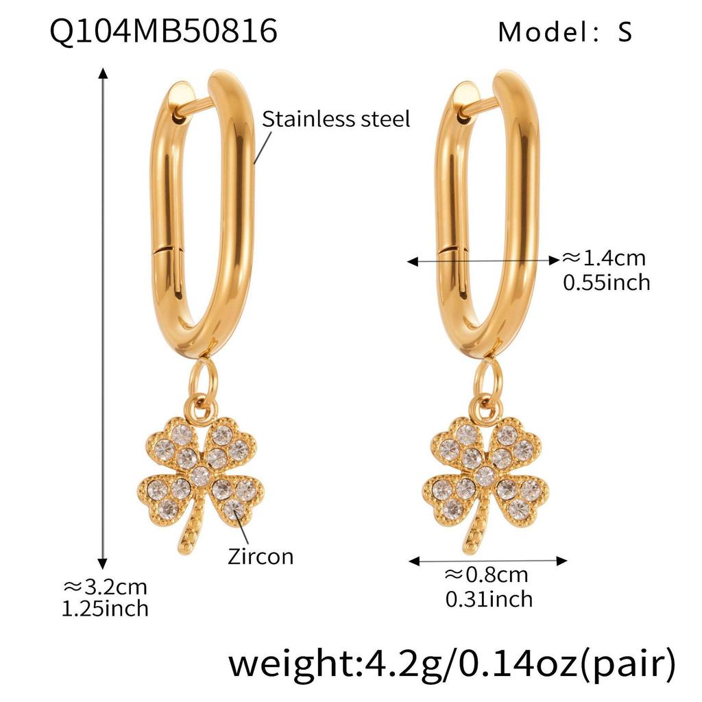 Qiong Yao 5A Zircon Four-Leaf Clover Pendant & Flower Ear Studs Hoops, PVD Gold-Plated Titanium Steel Jewelry.