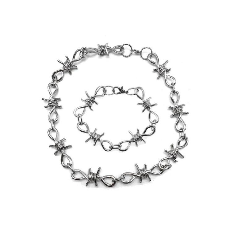 Punk Jewelry Set Barbed Wire Brambles Necklace Bracelet for Motorcyclists Bikers