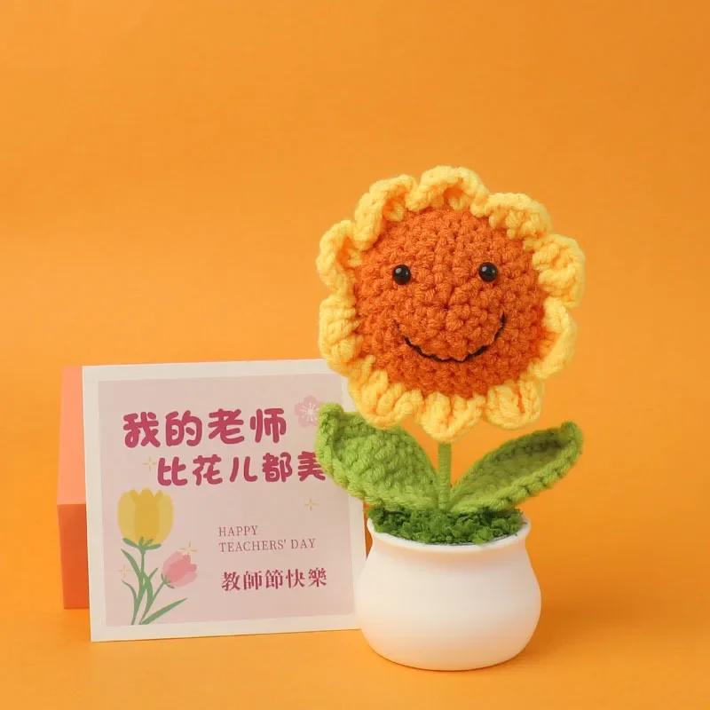 Urocze Dzianinowe Doniczki Słoneczniki Szydełkowane Kwiaty Kreatywne Sztuczne Kwiaty Kwiat na Ukończenie Dekoracja Samochodu Domu Prezent