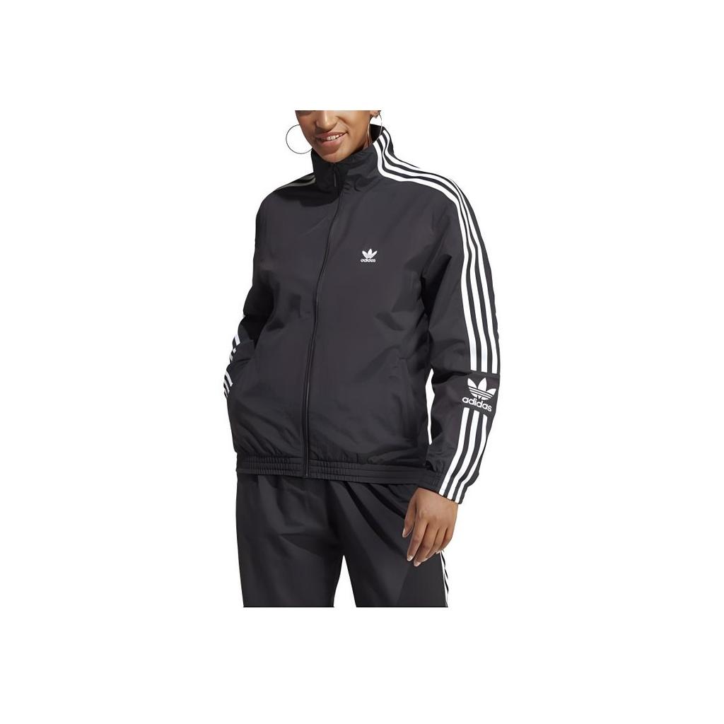 Adidas Originals Trefoil Logo Print Striped Long Sleeve Stand Collar Jacket Women Jacket Black IB7443