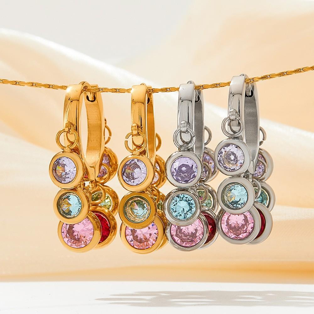 Fashion Stylish Design Earrings with Colorful Zirconia Stones Geometrically Exquisite Earrings Women's Stainless Steel Earrings