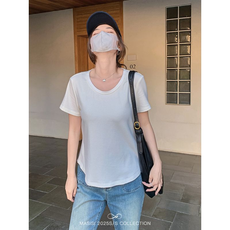 Maxi Plus Size Women s Braid round Neck Cinched Slimming Short Sleeves T-shirt Summer Plus Size Ladies Loose Slimming Shoulder Tops White XL
