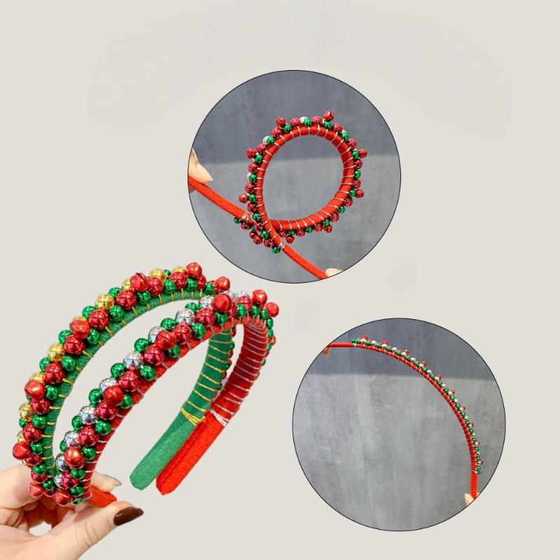 Christmas Headband With Red & Green Beads Bells Party Hairband For Women Xmas Party Hairwear Gift Oliday Photoshoots Prop
