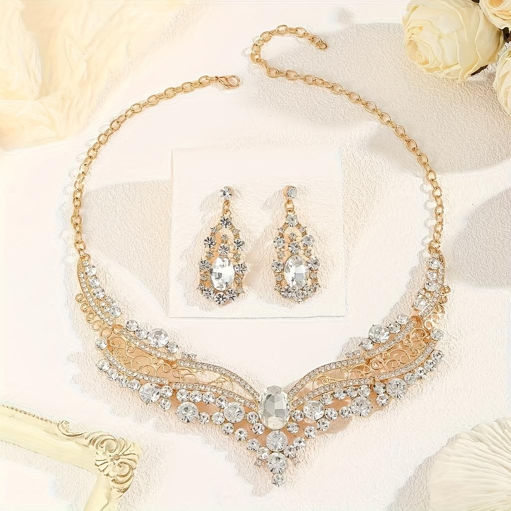 Ensemble Collier et Boucles d'Oreilles Élégant d'Inspiration Vintage, Strass, Bijoux de Mode Polyvalents pour le Quotidien et les Occasions Spéciales