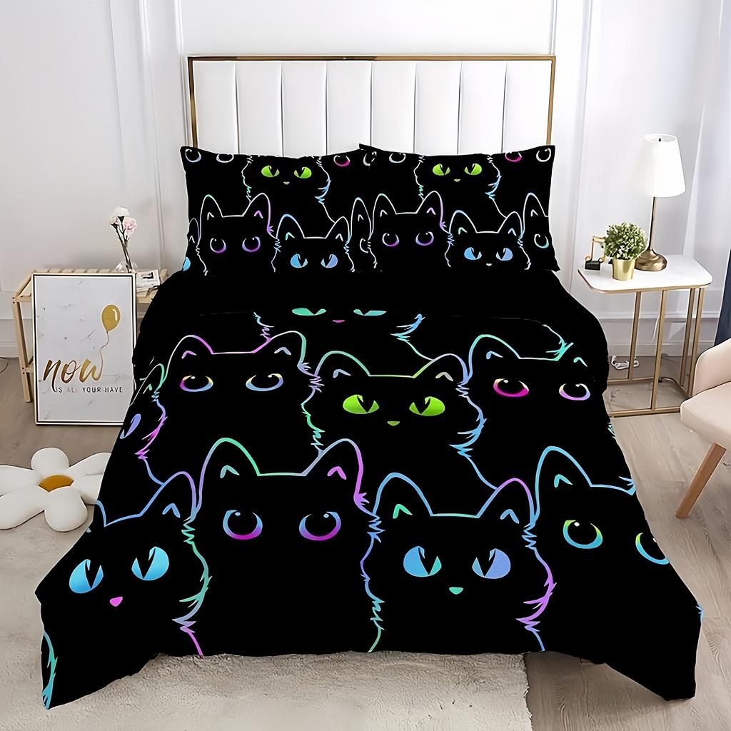 Cute Black Duvet Cover Set Color Cat Print Bedding Set Soft Comfortable Breathable Duvet Cover For Bedroom Decor