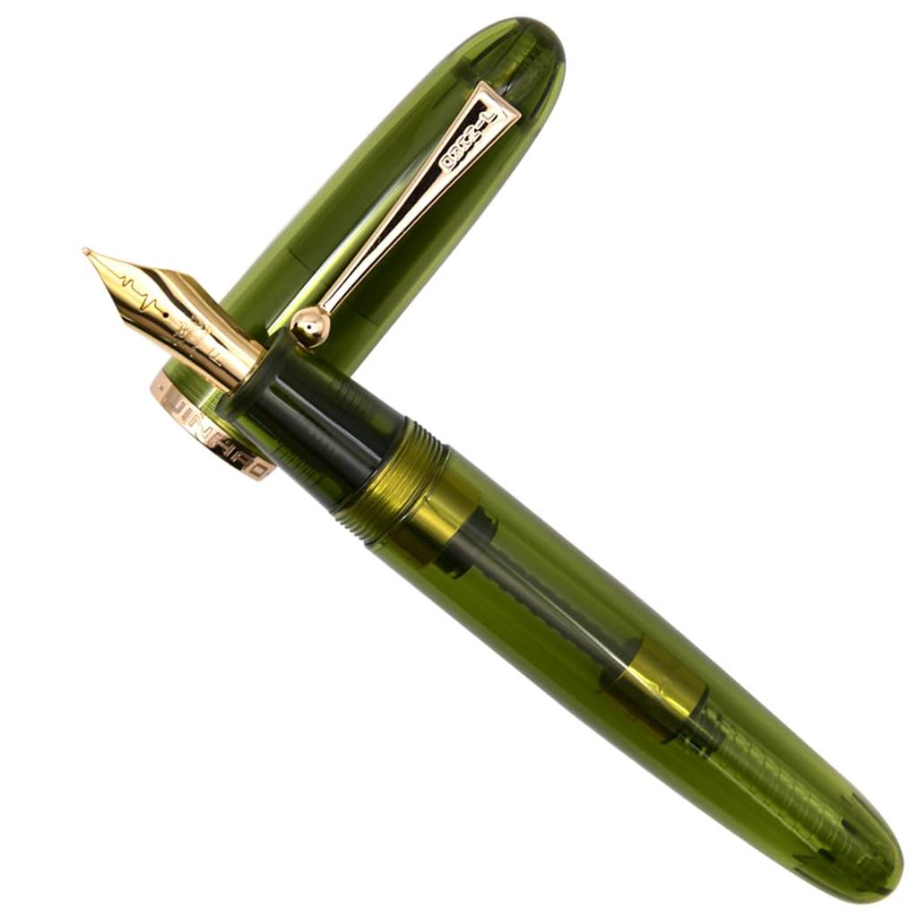 Ranvi Jinhao 9019 Acrylic Fountain Heartbeat Nib with Ink Green Classic Smooth Writing Pen, 0.5mm Converter, Design, (Gold Trim)