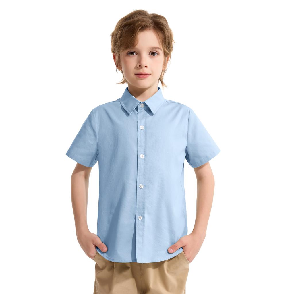 LOLANTA Boys' Formal Dress Shirt, Short Sleeve, Solid Color, Perfect for Weddings, Funerals, Recitals, Blue, Size 100