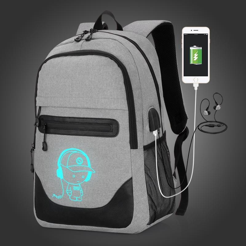 Cute Cartoon Printed Night Luminous Waterproof Laptop Backpack With Usb Charging