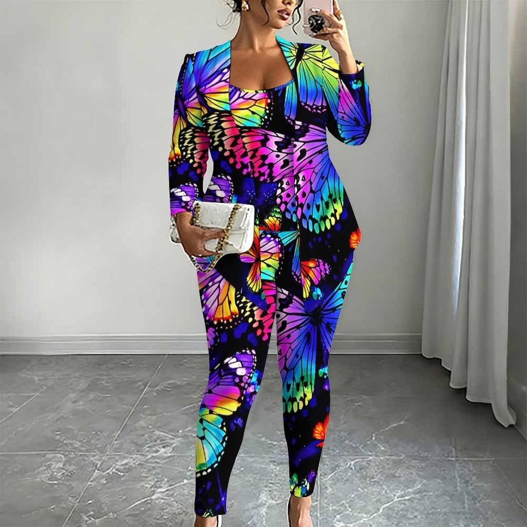 Plus Size Butterfly Floral Print 3 Piece Outfit, Long Sleeve Open Front Cardigan Cami Top Leggings Set for Women