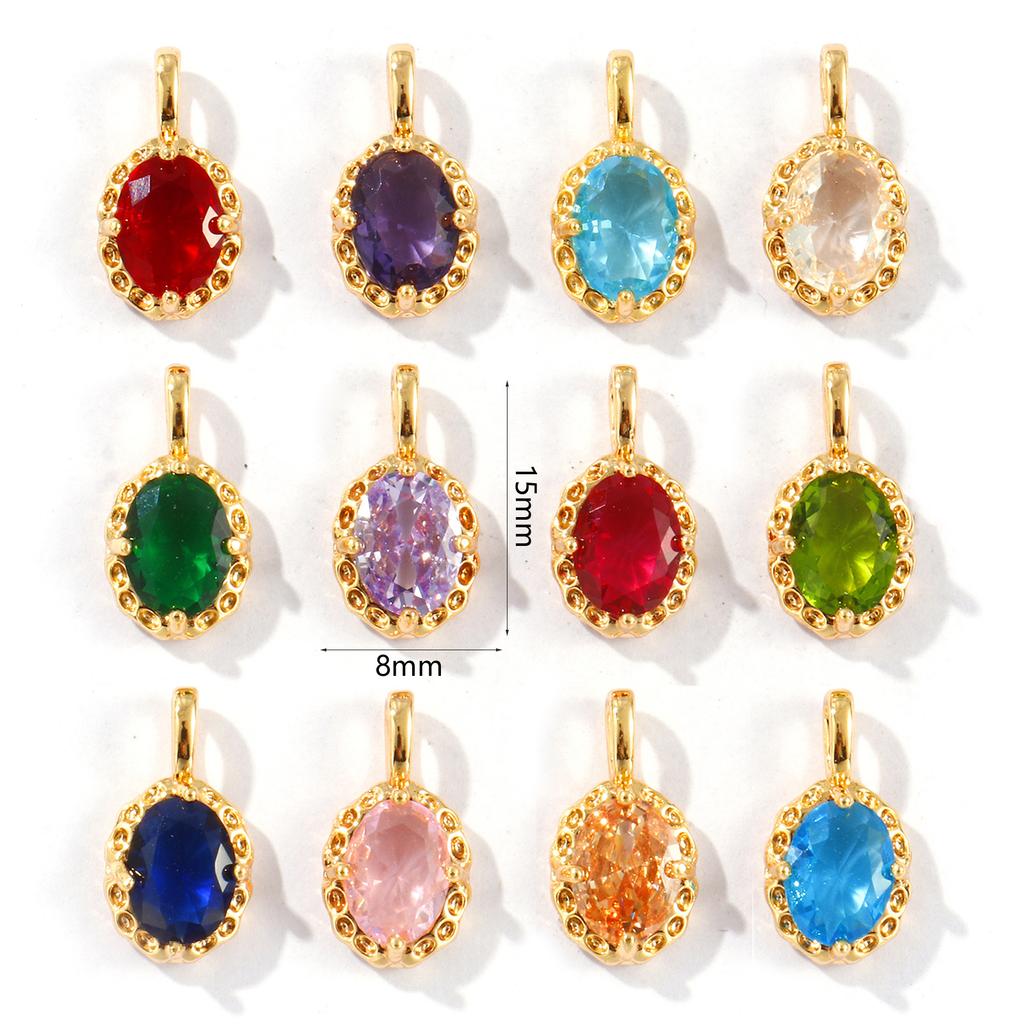 2 PCs Oval Brass & Rhinestone Birthstone Charms 18K Gold Plated Oval Pedndants For DIY Necklace Jewelry Making Findings 15mmx8mm