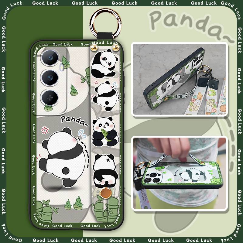 Wrist Strap Ring Phone Case For Realme C65 Waterproof Phone Holder Cute Protective Silicone Back Cover Panda Soft case