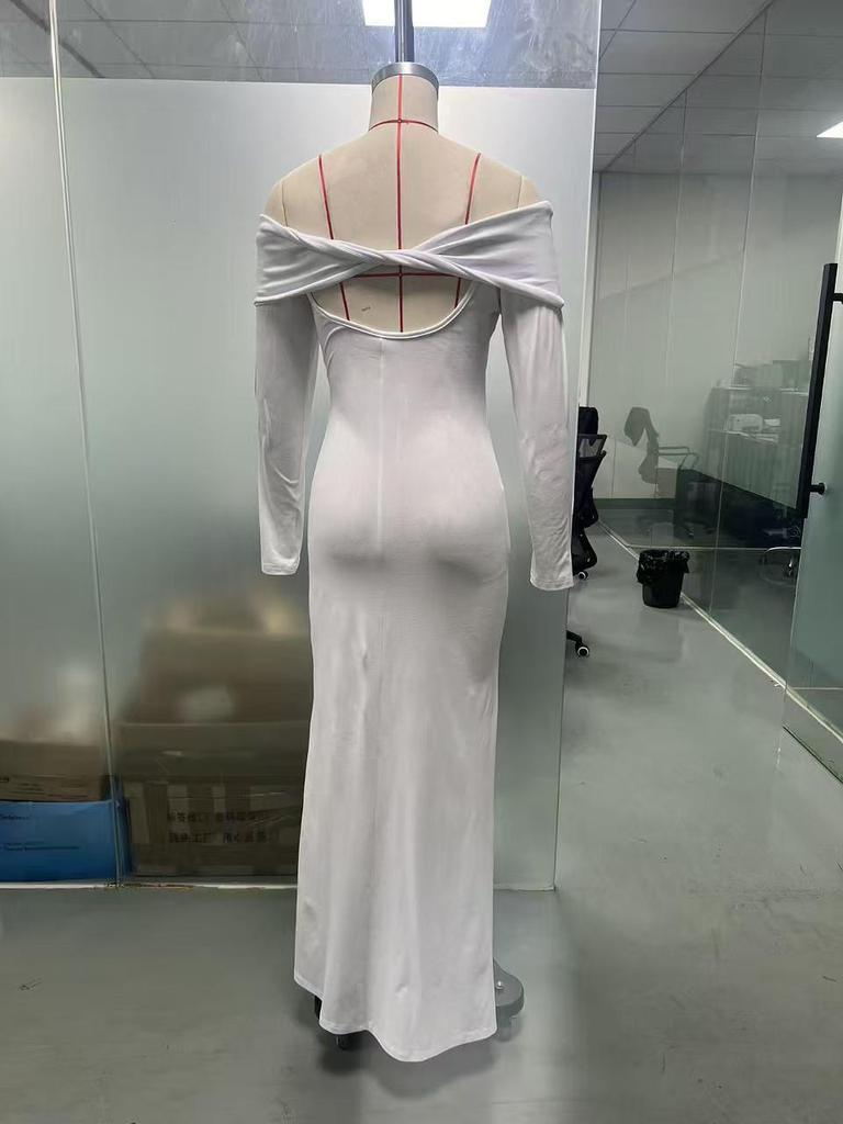 2026 Autumn One-Shoulder Slit Long Sleeve Slim Fit Socialite Dress