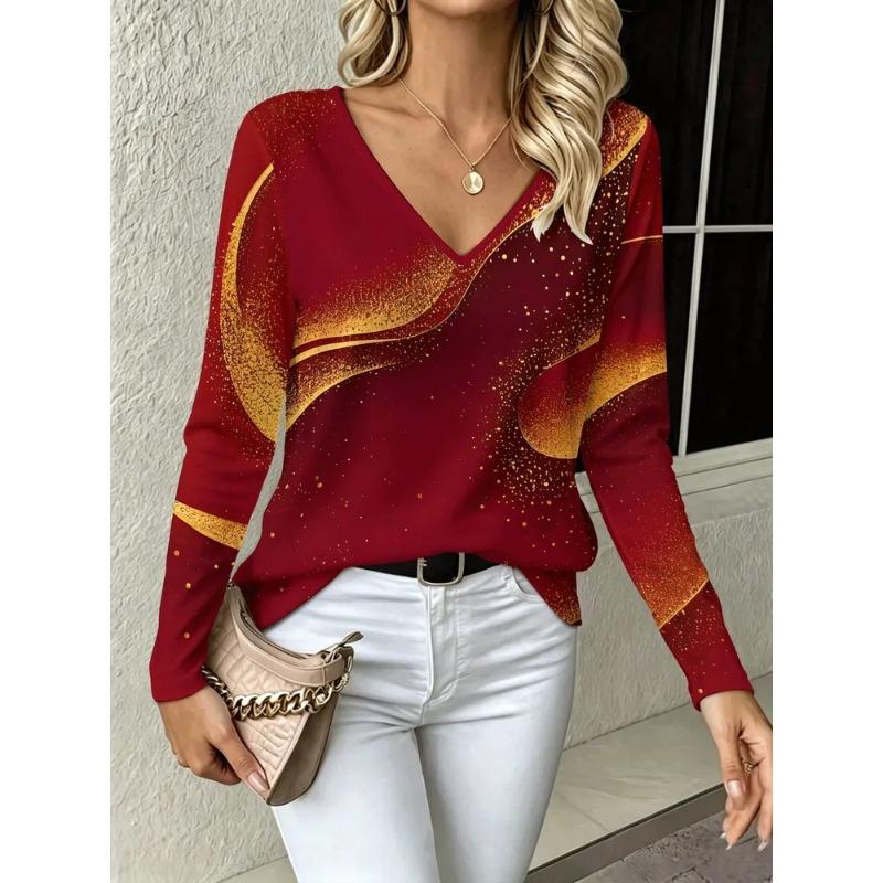Women's Autumn 3D Printed V-Neck Long Sleeve T-Shirt