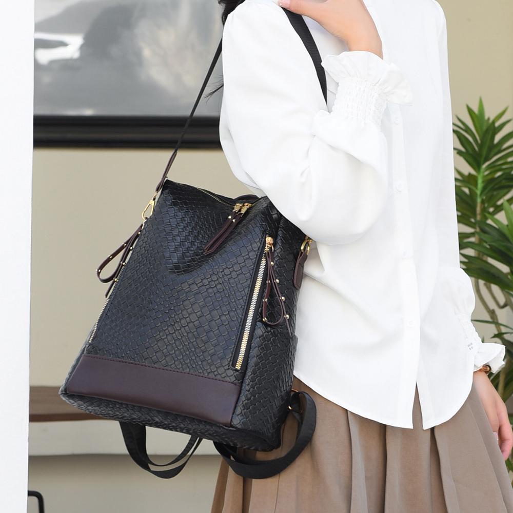 Gewebter Rucksack aus weichem Leder für Damen, großes Fassungsvermögen, Farbkontrast, Mehrzweck-Reiserucksack