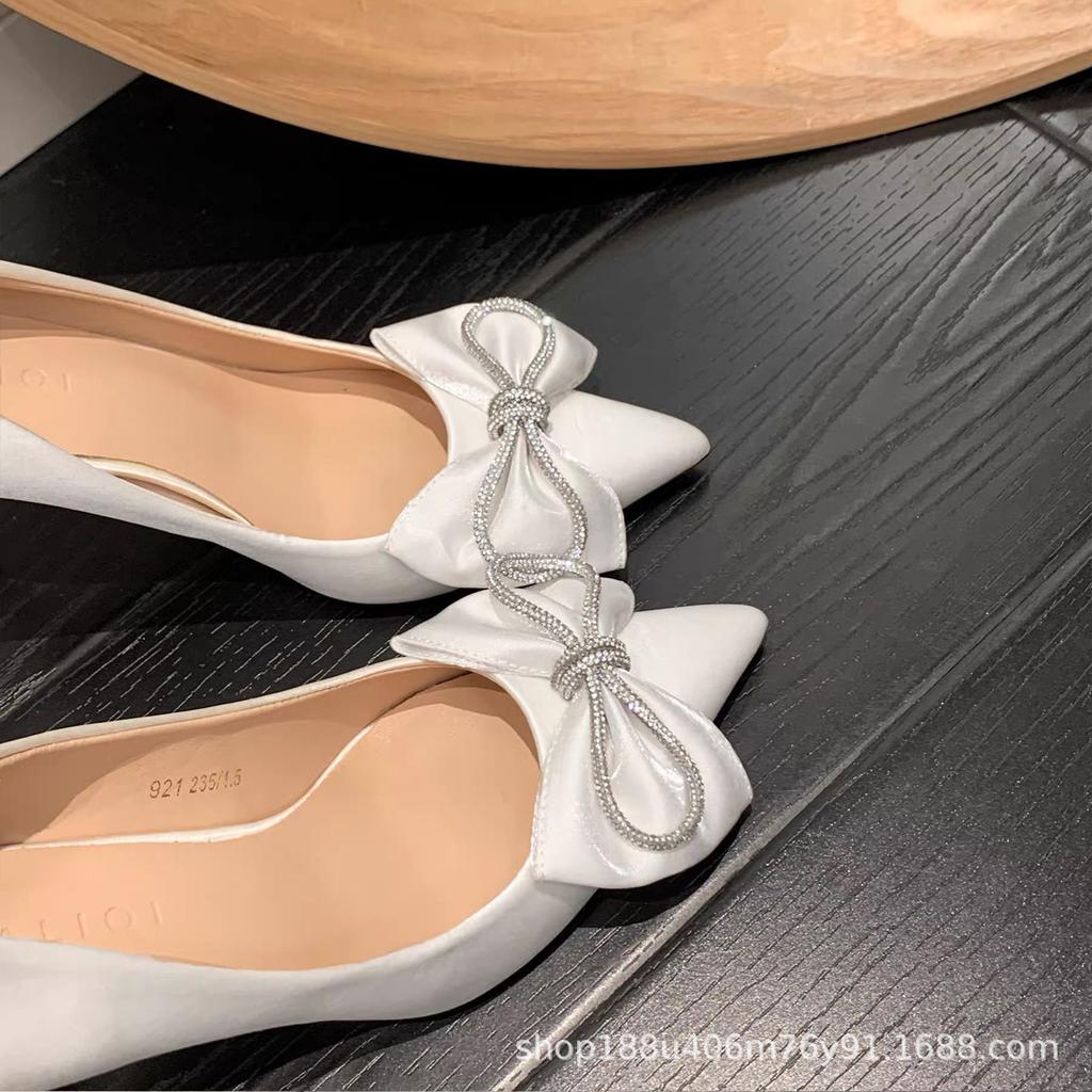 [Spot] French bow rhinestone pointed black high heels women's thin heels new sexy pointed single shoes women