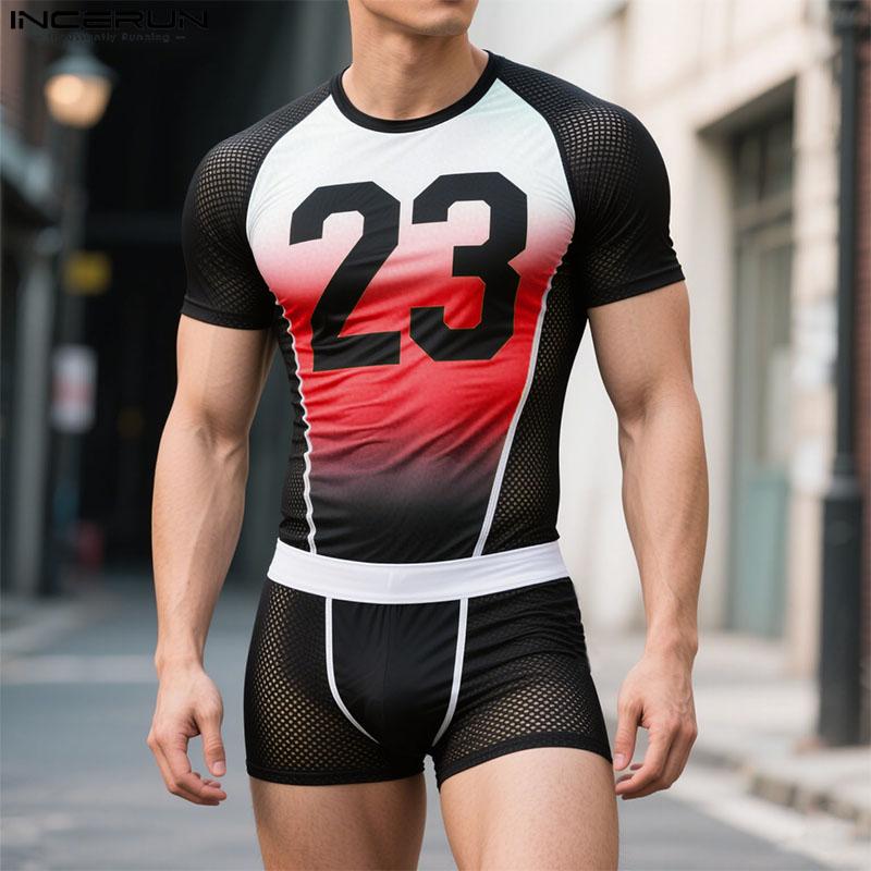 INCERUN Men Underwear Sets Mesh Sheer Print Patchwork Tops Shorts Outfit Home Wear