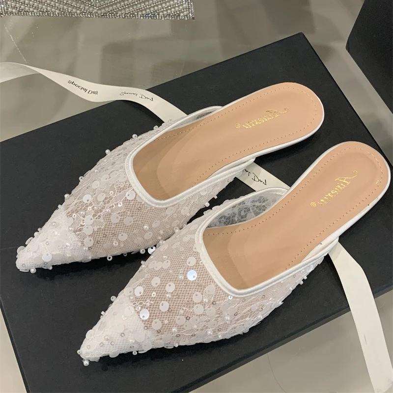 Fashion Luxury Mesh Pearl Flat Sandals Women Bling Pointed Toe Designer Brand Sandals Shoes Fashion Elegant Comfortable Non-slip Mules