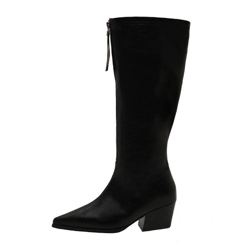 Winter Women High Boots Pointed Toe Mid Heels Chunky Shoes Winter Mew Brand 2025 Trend Designer Zippers Pumps Goth Botas Mujer