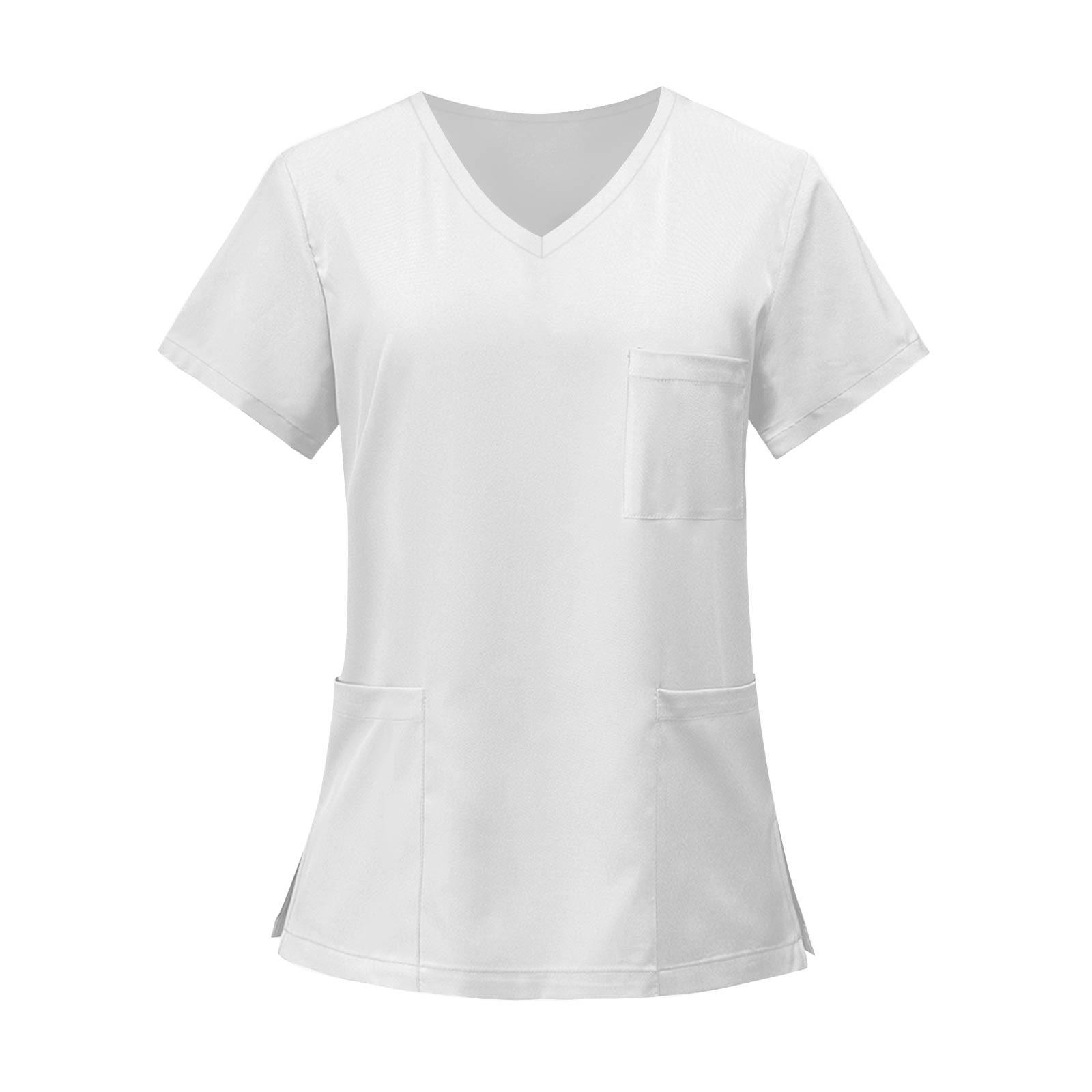 

Women s Fashion Solid Short Sleeve V Neck Pattern Tops Pocket Working T-shirts XL